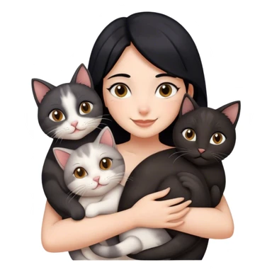 happy girl with black hair hugging three cats  (black cat, gray cat, brown calico cat) sticker