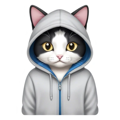 Black and white cat wearing a hoodie sticker