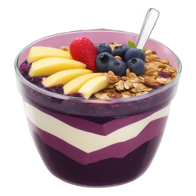 Açaí in a clear cup with layers of fruits and granola and condensed milk sticker