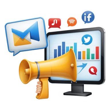 An icon featuring a megaphone, a billboard, and social media icons, symbolizing advertising and public relations. The design includes a press release and a rising graph, representing brand promotion and communication strategies. Transparent background highlights media influence and outreach. sticker