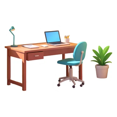A desk by the window with summer sunshine in the background. On the desk, there is a laptop, a cup of iced coffee, and a small plant. An opened book is also present. sticker