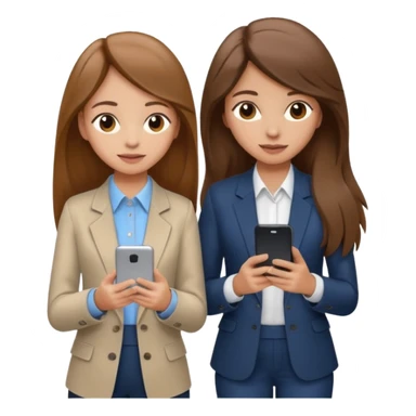 two brown haired girls, looking professional maybe leaned on each others back and looking forward and using phones, with long hair and one girl can hold lap top another one can hold the phone, professional clothes, more stylish sticker