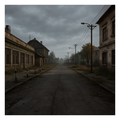 a view of the city street in a videogame: DayZ - in the town of berezino [no text contained in the image] sticker