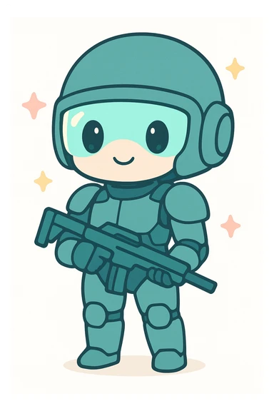 anime style human sci-fi soldier with a dark turquoise helmet, glowing visor, sleek armor sticker