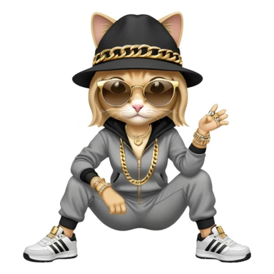 female cat wearing Run DMC hip-hop outfit with tracksuit, fedora, Adidas sneakers, dark sunglasses, many gold chains, rings, bracelets, flashy earrings, fallen down sticker