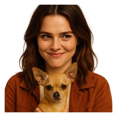 Portrait centered for Instagram profile picture inspired by the facial features visible in the reference images, with a tanned complexion, subtle freckles, shirt color #FFF8CA, rust-colored jacket, medium-length brown hair with auburn highlights, expression mischievous and mocking, holding a beige-brown chihuahua, Netflix series style, transparent background, intimate Tenerife ambiance. sticker