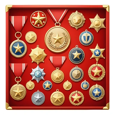 Icon for Collecting Orders, Medals & Badges: a variety of vintage orders, medals and badges, displayed neatly on a big red pennant or in a display case. The icon should reflect the honor and historical significance of these collectible items. Transparent background. sticker