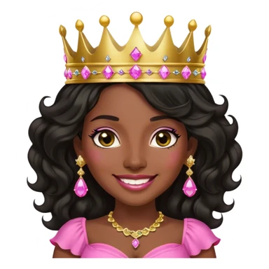 Crown dark black women smiling with really longer lightly WAVY hair pink dress pink crown facing forward black hair middle age adult woman gold gems in crown gold earrings  one woman smiling wink head only sticker