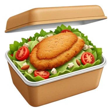 salad in a rectangular brown box container. with a chicken cutlet on top. the salad has gorgonzola cheese and almonds on it, with a few tomatoes sticker
