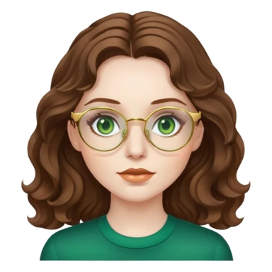 woman with pale skin, brown wavy hair, green eyes, gold glasses sticker
