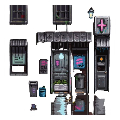 Pixel art background in side-scrolling view, inspired by classic Sega fighting games. Dark urban street in front of an old brick building, with graffiti, broken windows, metal door, trash cans, flickering neon sign, and a streetlamp. Gritty atmosphere, nighttime, subtle rain puddles on the ground. sticker