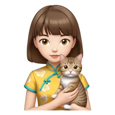 girl with brown hair and bangs wearing yellow qipao with a gray tabby cat sticker