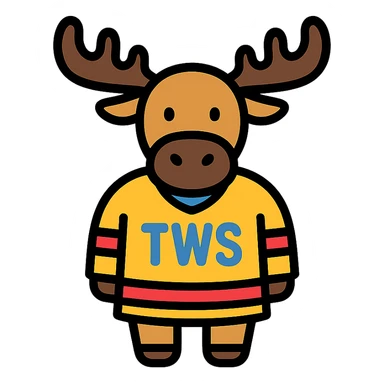 a clean, modern icon style moose wearing a hockey jersey with the letters 'TWS' on it sticker