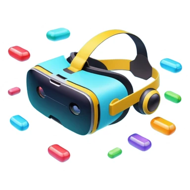 Show a VR headset or AR glasses, symbolizing the immersive experience. Include virtual objects or a 3D scene floating in the air in front of the headset. Use modern, tech-inspired colors. Do not include any emojis or smiley faces. Make the background transparent. sticker