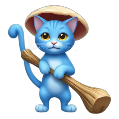  Cute Blue Cat NO ears wearing a mushroom cap carrying a stick sticker