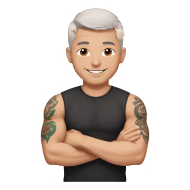 un homme de 35 ans, cheveux très court gris, qui sourit, musclé avec le bras droit tatoué et un tee shirt noir sticker