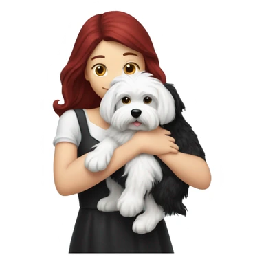 Dark red hair girl hugs  her maltese black dog sticker