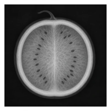 cross-section x-ray of a watermelon, highlighting the rind and inner fruit sticker