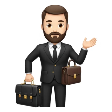A handsome man, 40+ years old, with a thick beard in a black suit, fair skin, short stylish haircut, full-length photo, wearing an expensive watch, unusual pose, holding a briefcase, pumped up, super realistic emoji sticker