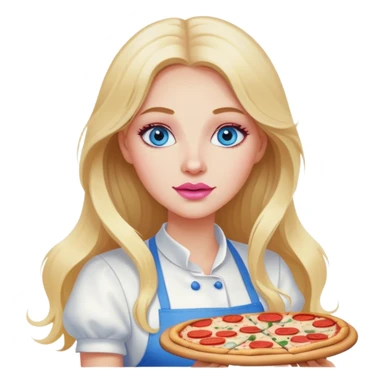 Cinematic realistic beautiful blonde with long hair, blue eyes and pink lips in a white dress cooks pizza sticker