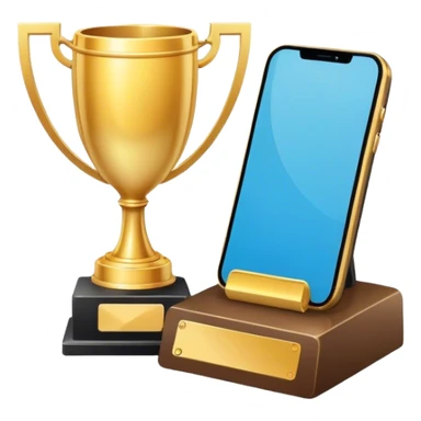 a trophy next to a mobile phone sticker