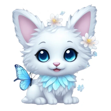 Anthro Cute Cool Kawaii gorgeous sparkly ethereal white fantasy animal creature with blue eyes furry sona with flowers and butterflies beautiful aesthetic sticker