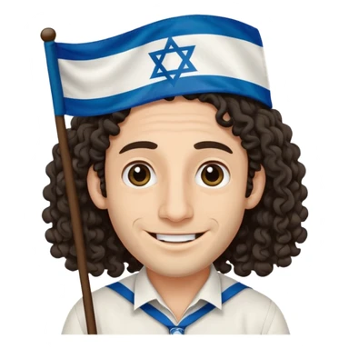 jewish jew man's face, wearing a tiny black kippah and 2 curly long hair strands near the ears, big nose, only face, no body, no mustache, holding israel flag sticker