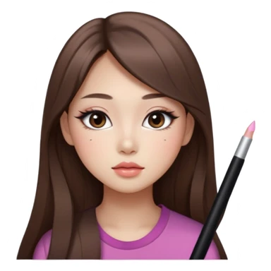 “korean straight long brown hair Emoji girl, soft eyeliner and blush, gradient lips, light brown shimmer eyeshadow sticker