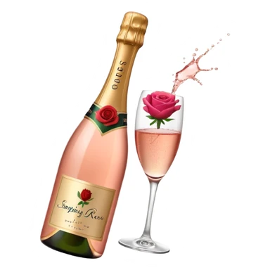 bottle of sparkling rosé champagne with a rose logo on the label, with the cork popping out from the top, tilted up and to the left, no glass sticker