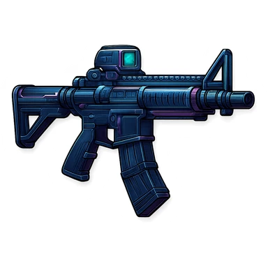 the image is the icon for a videogame  item. futuristic cyberpunk -ready to equip- it is master craftsmanship [ unequipped item ]
It is a m4 platform rifle with coupled magazines - neatly staged 3/4 profile view sticker