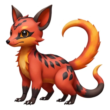 Rare tropical warm-colored exotic cute epic aesthetic colorful Salandit-Eevee-Civet-species-Fakemon-hybrid-creature, with wild fiery markings, full body sticker