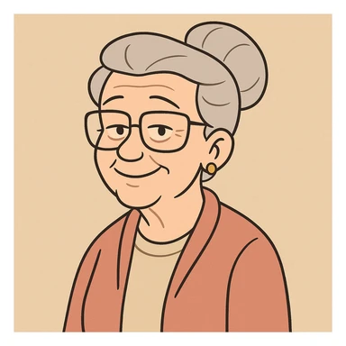 older woman wearing glasses, smiling, gentle look, flat toon style sticker