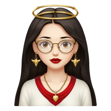 Angel girl with eyeglasses and long dark hair with red lipstick  and push gold necklaces and dark eyes sticker
