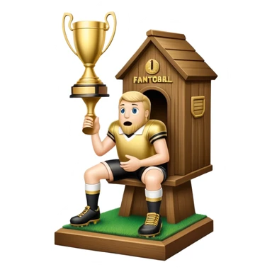 A "I STINK AT FANTASY FOOTBALL" trophy featuring an outhouse-shaped figure with legs on a metallic base - perfect for commemorating league losers.​​​​​​​​​​​​​​​​ sticker