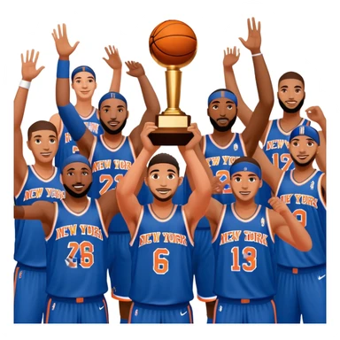 New York Knicks basketball team winning NBA championship trophy, celebration, blue and orange colors sticker
