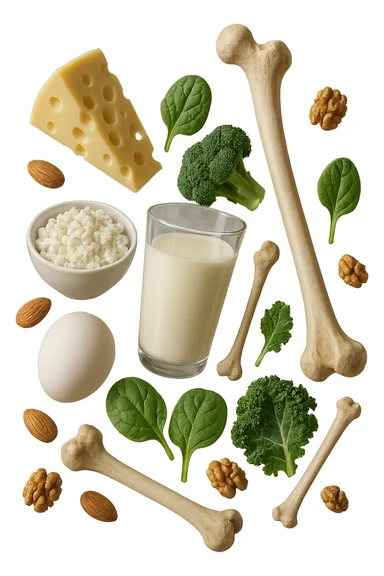 latticini, verdure a foglia verde, frutta secca fluttuano in aria insieme ad ossi umani realistici, iperrealistici 4k sticker