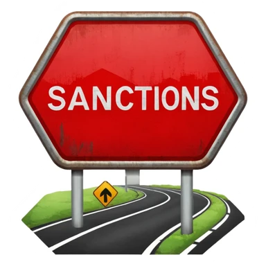 red, road sign, hexagonal, with the inscription SANCTIONS sticker