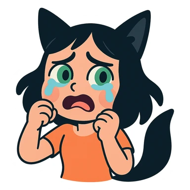 A girl with tears, black fox ears, and a tail, green eyes, dark hair sticker