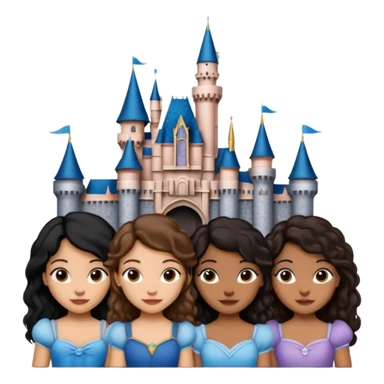 Quiero que crees una imagen donde este el castillo de Disney y por detrás o delante pon a quatro chicas: una con el pelo largo rizado marrón , otra con el pelo muy corto negro, otra con el pelo mediano liso marrón y otra con el pelo negro largo liso sticker