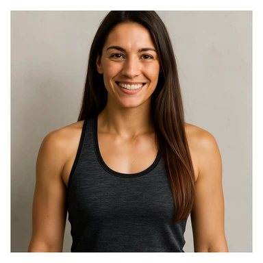 sportliche Frau mit langen braunen Haaren, lächelt, neutraler Hintergrund, Oberkörper, moderne Kleidung sticker