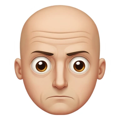 Steven Miller, bald, scowling expression, narrow rectangular head, bottom lip sticking out, eyelids almost closed and lower on the outside sticker
