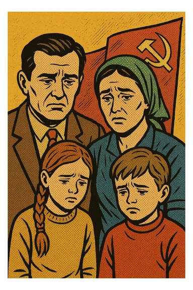 A poor soviet family from the 1970s with a husband and wife and two children looking unhappy.  sticker