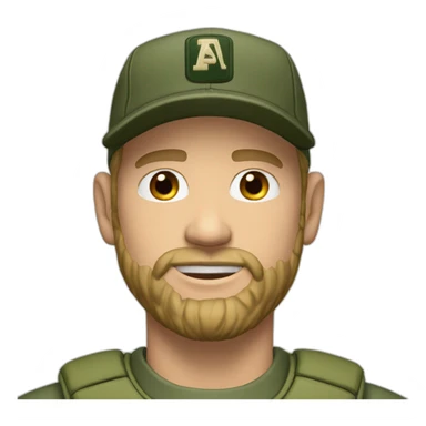 white man with short beard wearing a army green baseball cap with AP letters logo sticker
