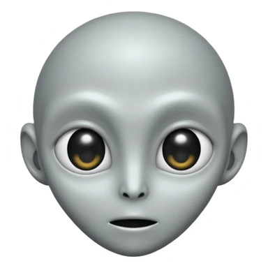 Grey alien head, big black eyes, cartoon emoji, no background sticker