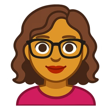 emoji de mujer linda de tez morena clara, rostro redondo u ovalado, ojos marrones, cabello ondulado marrón, labios medianos y gafas, estilo cartoon colorido sticker