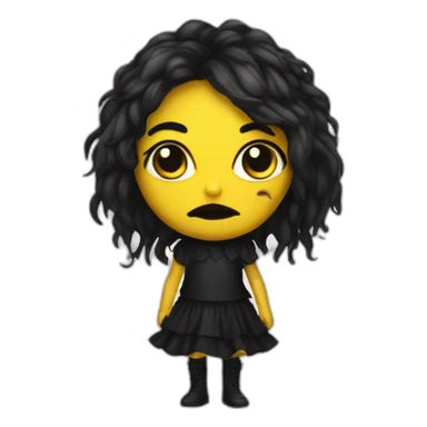 Create creature similar to human with red skin, black long hair, yellow eyes (black white of the eye), in black lather dress, black lips sticker
