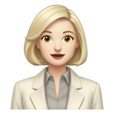pale skin woman with ash blonde Straightened bob Hair, White Spacious classical jacket, beige palazzo Arrow pants and gray blouse holding a MacBook in the hands sticker