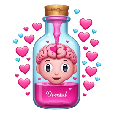 A cartoon brain inside a cute glass bottle with pink liquid, labeled “obsessed”, with hearts and sparkles swirling around. sticker