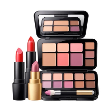 makeup products all together in one piece of png, lipstick, blush, powder, etc sticker