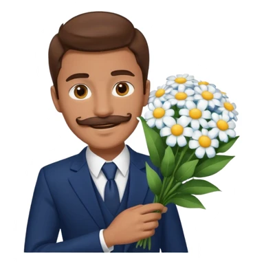 homme âgé 23 ans brun bronzé en costume bleu foncé souriant avec moustache portant un bouquet fleurs blanche  sticker
